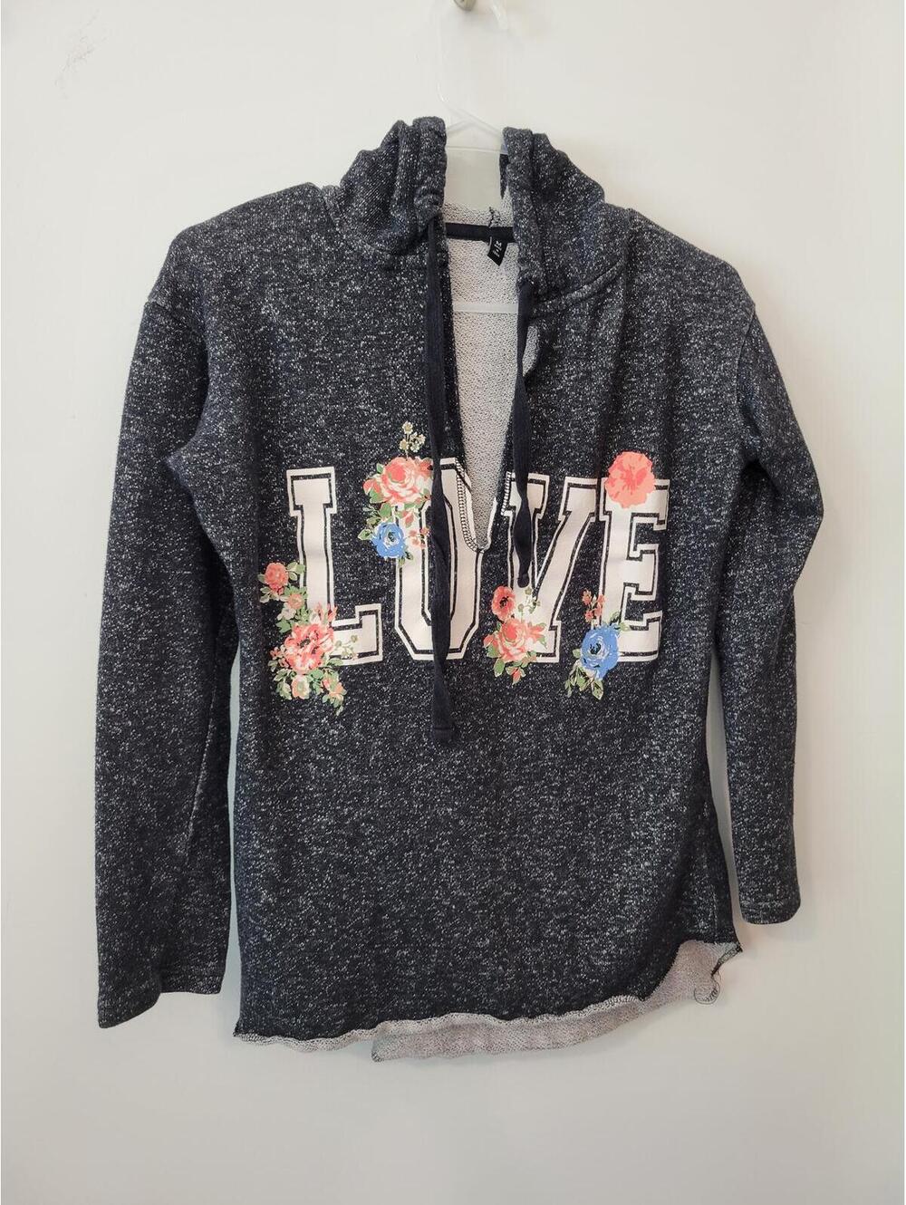 Women's Medium Dark Gray Hoodie with LOVE Floral Print